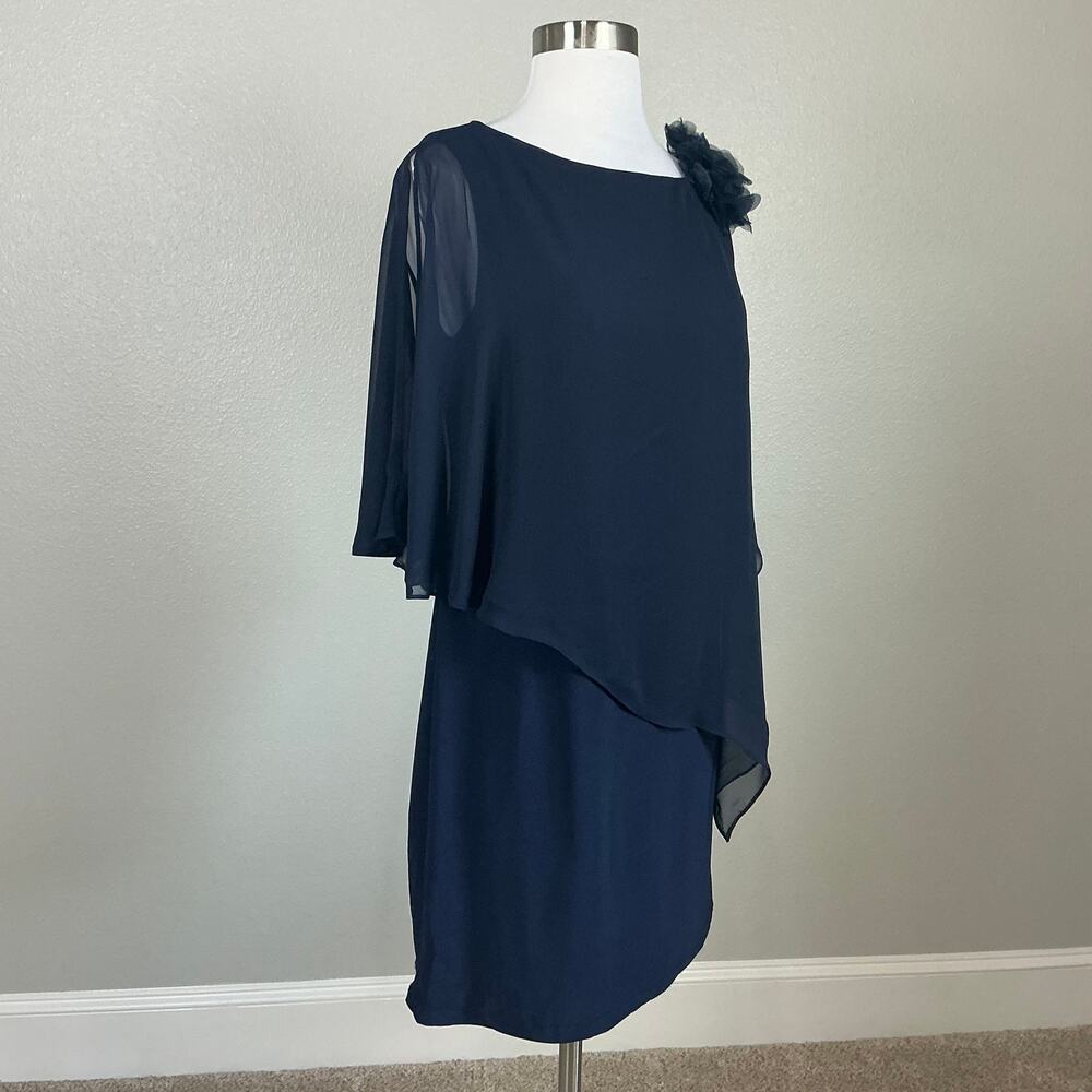 XSCAPE Chiffon Overlay Knit Sheath Embellished Cocktail Dress Navy Blue Size 10 - Picture 3 of 12